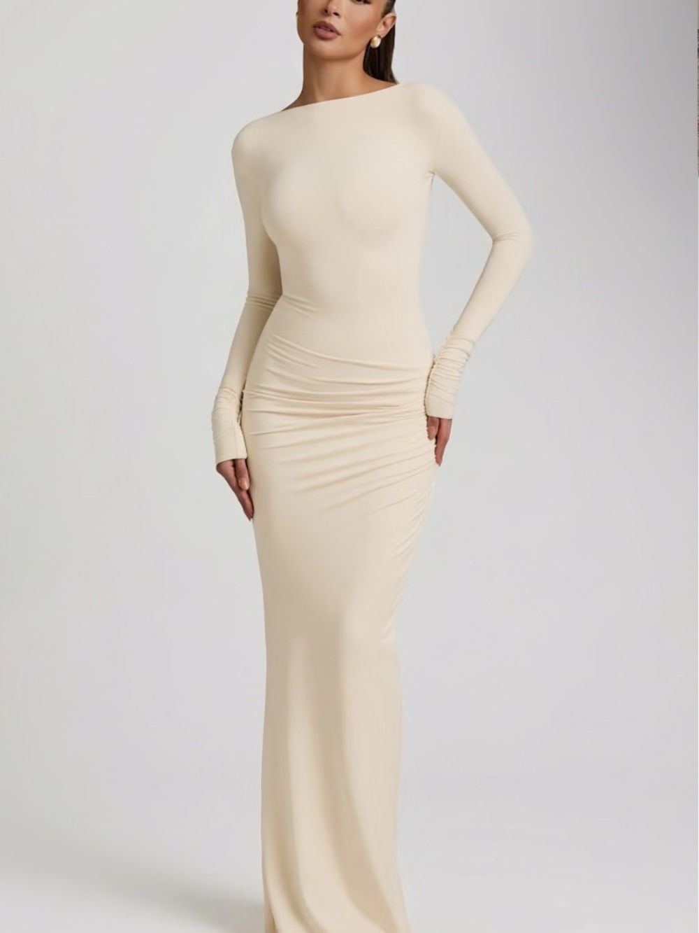 Oh Polly Long Sleeve Ruched Maxi Dress in Ivory Cream